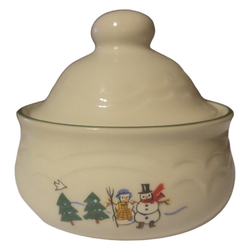 Vtg Pfaltzgraff Snow Village Lidded Sugar Candy Bowl Trinket Snowman Angel